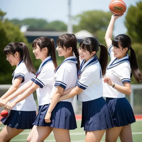 楽しそうにバスケットボールをしようとする女子高生
