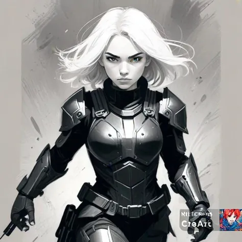 A 2D impressionist illustration of a Russian girl in her early 20s with ash-gray hair wearing jet-black armor heading out on a covert mission. Full of dynamism.