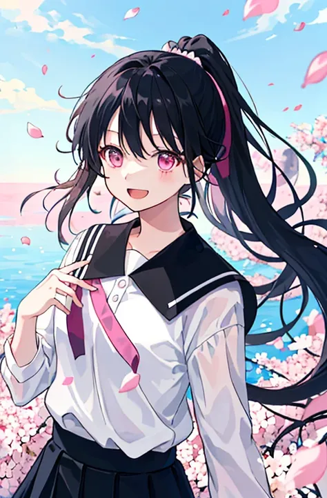 (masterpiece、Top quality、Implications、Very high quality、High level of image quality、Extremely sensitive writing)，There are petals flying around、Girl with long black hair、Joyful expression、Hair blowing in the wind、High Ponytail、Pink eyes、Blue and pink shirt...