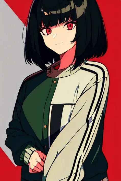 anime girl,medium messy black bob hair,red eyes,dark green varsity jacket with black arms,slight grin,grey sweatpants,white shoes,hot body,illustration,textured style,detailed background,professional,vivid colors,studio lighting,warm color tones,soft shado...