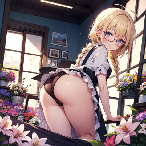 solo, blue eyes, beautiful detailed eyes, glossy blonde hair, from behind, looking back, ((leaning forward)), ((single braid)), ahoge, long hair, ((glasses)), pointy ears, blush, happy smile, ((flower shop)), ((apron)), shadow, dynamic lighting, light part...