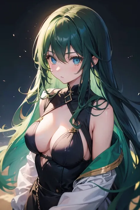 1girl, long hair, dark green hair, blue eyes, big chest