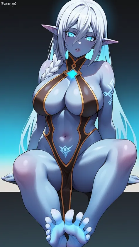 1girl, breasts, solo, long_hair, blue_eyes, navel, looking_at_viewer, sitting, large_breasts, feet, colored_skin, pointy_ears, soles, toes, blue_skin, parted_lips, eyes_visible_through_hair, glowing, tattoo, braid, bare_shoulders, very_long_hair, revealing...