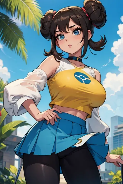 rosa pokemon with brunette oversized side buns blue sleeves on a white top, leggings, yellow mini skirt, big breasts