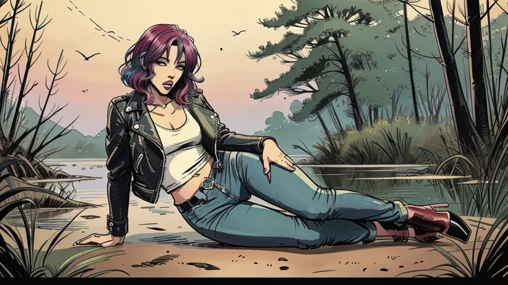 vector image, 2d cartoon,masterpiece, woman,colored hair,blushed, tight jeans, heels, leather biker jacket:1.0, orgasm gloomy,near swamp,heels,