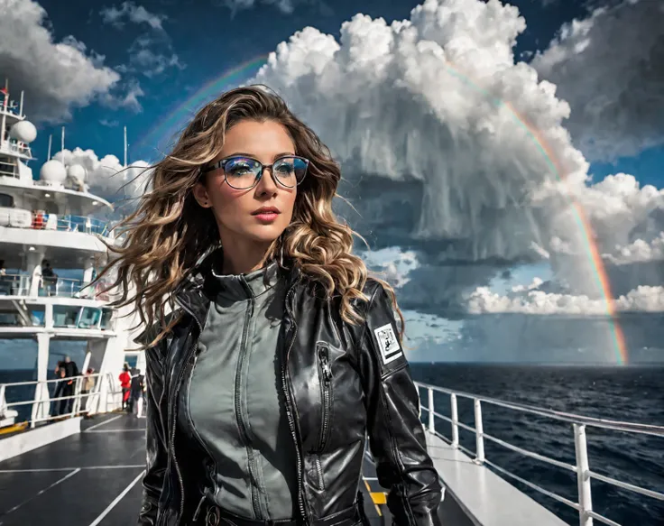 Scene description: A beautiful woman with refined and confident features, wearing modern glasses that highlight her determined expression. Her wavy hair falls elegantly over her shoulders. She is wearing a futuristic outfit, combining high-tech elements wi...