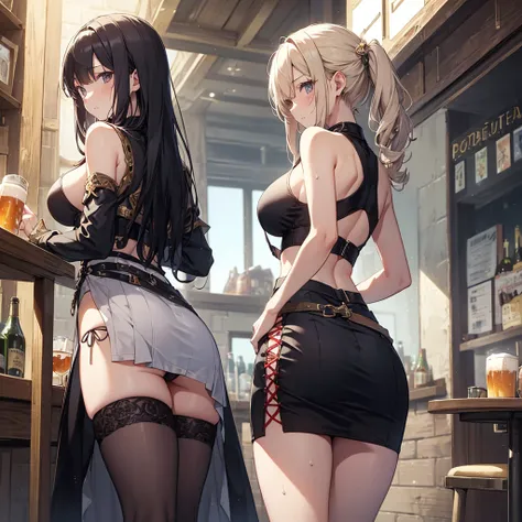 A group of female adventurers set in a medieval fantasy world,Dancer、Rear View,  (At the pub), Mr..々Hairstyle, Two people, night, detailed aspects, Short skirt, Seduce, Sleeveless, Showing panties、Huge breasts、Big Ass、Sweat,Wide waist、Pull up her skirt、