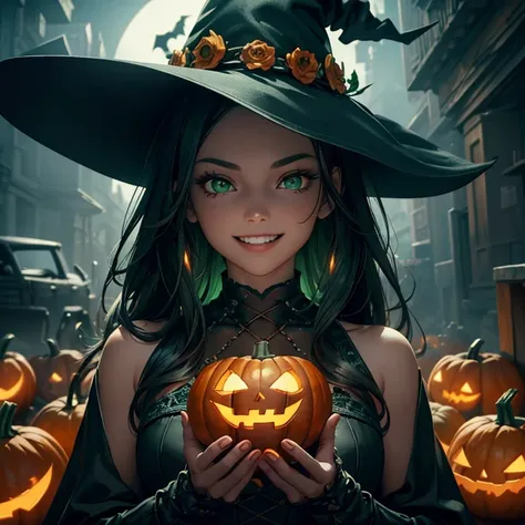 masterpiece, best quality, 8k wallpaper, hdr, octane rendering. (a girl, halloween costume, jack-o'-lantern, human), black witch...