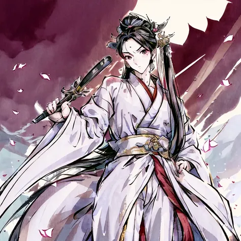 （best quality）Martial Arts Handsome Man，Sword-like eyebrows and star-like eyes，Handsome，Affectionate eyes，domineering，古装Handsome束发，Wearing white Taoist robe, floating，Holding a beautiful long sword，A walk in the clouds，The sun is shining，4K