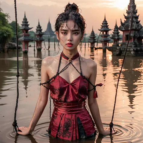 panic-sticken beautiful woman in thai ancient dark red breast cloth, pretty face with tear and sweat, frightful facial expressio...