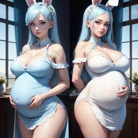 Beautiful pregnant sensitive young adult, elegant formal detailed soft tight white dress with blue details, blue gems, mature, comforting, bunny ears, sky blue hair, piercing blue eyes, sexy, cleavage 