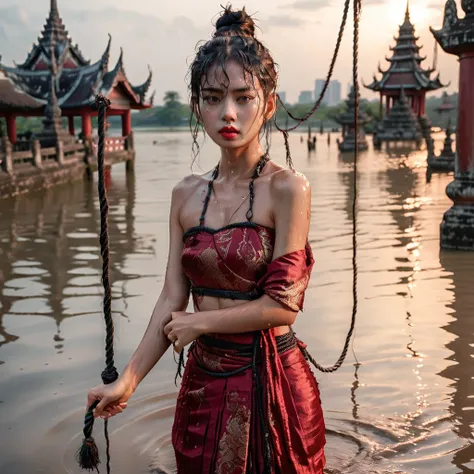 panic-sticken beautiful woman in Thai ancient dark red breast cloth, pretty face with tear and sweat, frightful facial expression, perfect body, wet black messy bun hair, hands tightly tied with big rope, walking into the water, she is sentenced to death b...