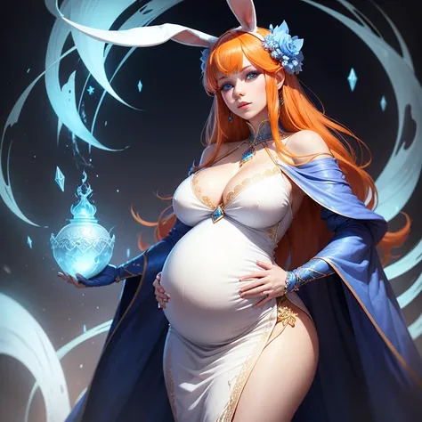 Beautiful pregnant female sorceress, elegant formal detailed and tight white dress with blue details, blue gems, mature, bunny ears, orange hair, piercing blue eyes, wants to have sex with me, cleavage 