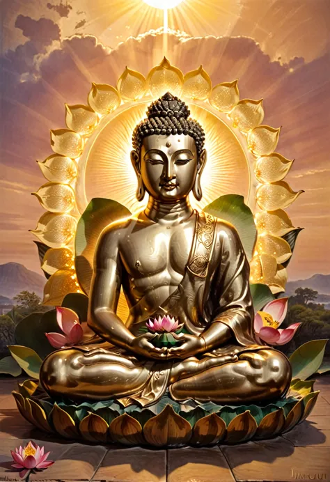 western elysium，, . greek statue of  buddha  in the form of the idealised perfection of the human body sits on a lotus throne，hi...