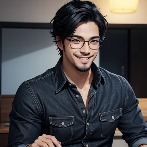 A 2D anime style picture of one man: kind, nerdy, smiling, blushing with light skin, black hair, trimmed facial hair, a slim straight nose, blue Asian eyes, and black rectangular glasses, wearing a black Button-up shirt and blue jeans in southern France