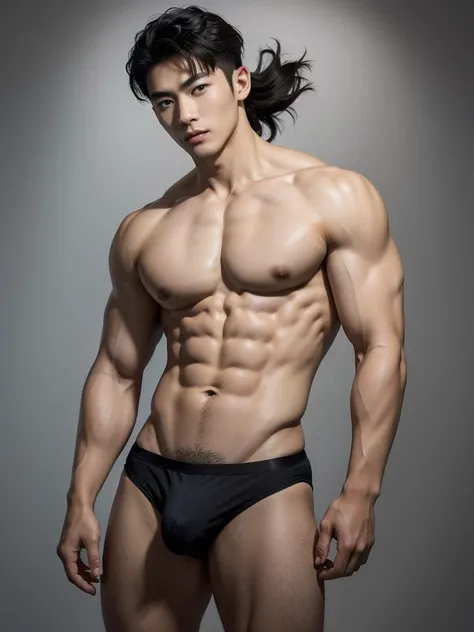 Masterpiece, Best Quality, Solo, Asian Model Men, muscular, wide shoulder, big triceps, white skin, studio simple background, good lighting, Natural eyes, Short and delicate black hair, Sexy Man, looking at the viewer, shirtless, sexy bikini, standing bulg...