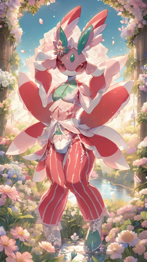 one person、male、maleの体格、lurantis(pokemon)、masterpiece、highest quality、(((revealing white lace underwear)))、bra with ribbon、lake ...