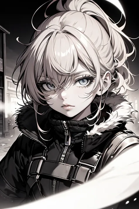 a woman redhaired, leggings, pleated skirt, sports top, high ponytail, high boots, long fur jacket, on a hazy moonlit night in a ghost town, monochrome style, line art, detailed face, detailed eyes, detailed lips, wide hips