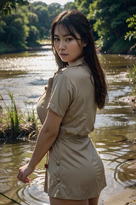 Tall and lewd women, chubby handsome face, small smile, a beautifull korean woman in bikini a tan dress with button and brown kaki, jk uniform, work clothes with button, furrowed his eyebrows, face facing upwards, very detailed face, bathing in a river, re...