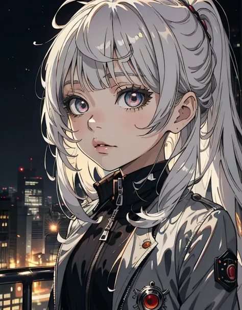 ((masterpiece, best quality)), (1girl, anime girl in the city night),(little girl, loli), (solo), (female focus), (grey hair, long hair, straight hair, straight bangs),silver eyes, ((black suit, mafia, jacket), cool face, flat expression, portraits, close ...