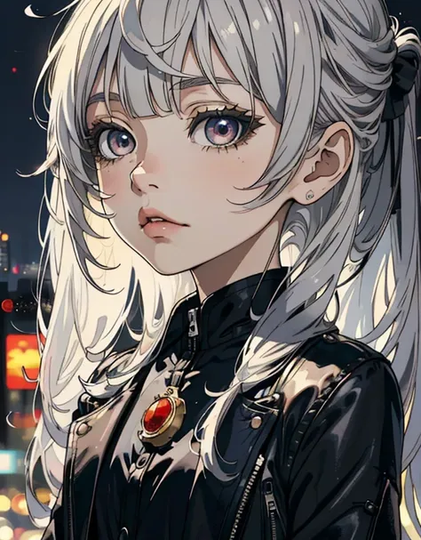 ((masterpiece, best quality)), (1girl, anime girl in the city night),(little girl, loli), (solo), (female focus), (grey hair, long hair, straight hair, straight bangs),silver eyes, ((black suit, mafia, jacket), cool face, flat expression, portraits, close ...