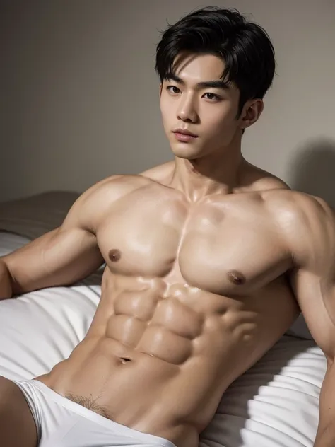 Masterpiece, Best Quality, Solo, Asian Model Men, muscular, wide shoulder, big triceps, white skin, bedroom background, lying on the bed, good lighting, Natural eyes, Short and delicate black hair, Sexy Man, looking at the viewer, shirtless, sexy bikini, S...