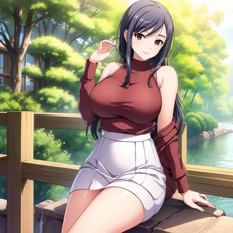 ayako hiiragi | walkure romanze, masterpiece, best quality, a beautiful sexy mature woman in red sweater and white skirt leaning...