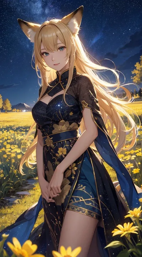 masterpiece, high quality, 4K, Beautiful design, silhouette，blonde， 非常に詳細な夜のStarry Sky,Aurora，Flower Field， wonderful, Finer details,  Very knowledgeable woman, Highly detailed solo, 1 female,Fox Ears，Fox&#39;tail，Big Breasts，kimono，Night view，Starry Sky，