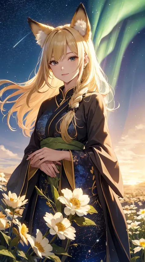 masterpiece, high quality, 4K, Beautiful design, silhouette，blonde， 非常に詳細な夜のStarry Sky,Aurora，Flower Field， wonderful, Finer details,  Very knowledgeable woman, Highly detailed solo, 1 female,Fox Ears，Fox&#39;tail，Big Breasts，kimono，Night view，Starry Sky，f...