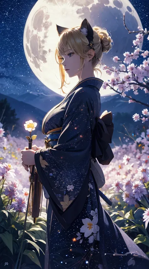 masterpiece, high quality, 4K, Beautiful design, silhouette，blonde， 非常に詳細な夜のStarry Sky,Flower Field， wonderful, Finer details,  Very knowledgeable woman, Highly detailed solo, 1 female,Cat ear，Big Breasts，kimono，Night view，Starry Sky，full moon，