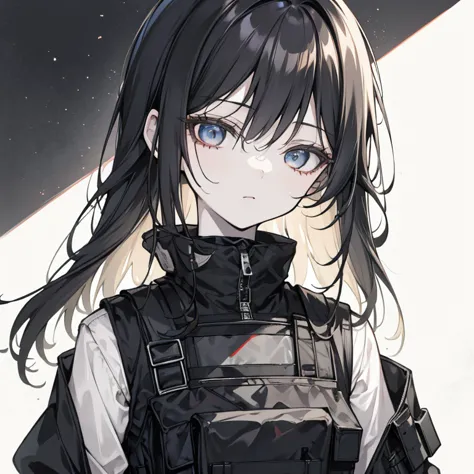 A pale 58 women with long messy unkept long black hair that drapes over both her eyes+ wearing tactical gear+tactical vest+looks sleep deprived 