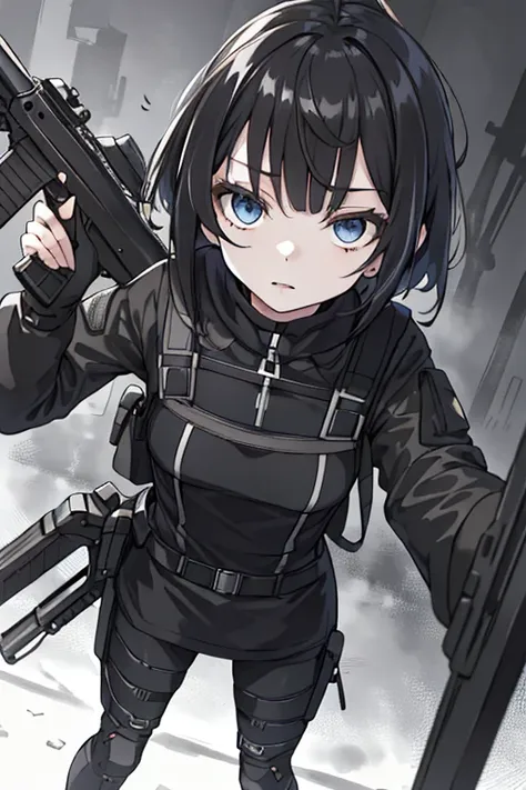 (masuter piece,best quality,ultra-detailed), (a detailed face),1girl in,a dark-haired,bob cuts,black eye,battle garments,black t...