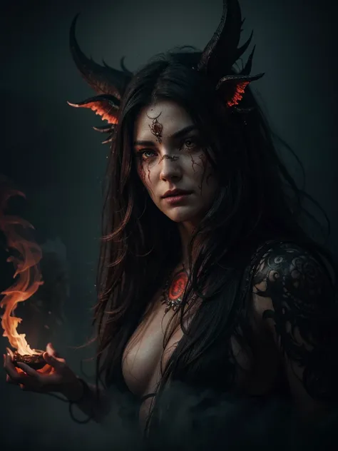 A highly detailed and hyper-realistic depiction of a lugubrious beastly goddess with an intricately scarred face. The character is surrounded by mist, evoking a mysterious and eerie atmosphere. The lighting is dark and atmospheric, with a red smoke adding ...