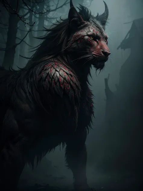 A highly detailed and hyper-realistic depiction of a lugubrious beastly goddess with an intricately scarred face. The character is surrounded by mist, evoking a mysterious and eerie atmosphere. The lighting is dark and atmospheric, with a red smoke adding ...