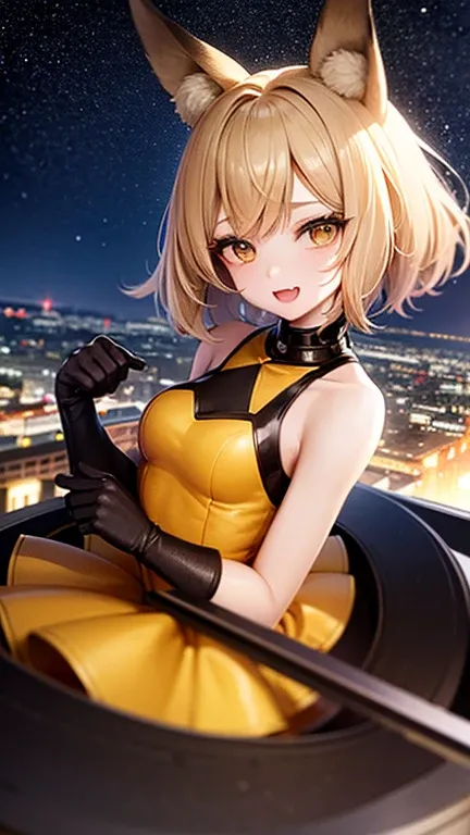 20th century fox home entertainment, blonde hair, brown eyes, mole, short products hair, fang, crossed bangs, fox tail, fox ears, brown highlight, yellow dress, brown gloves, holding, beam, hollywood, cityscape, sky, starry_sky, anime waifu style