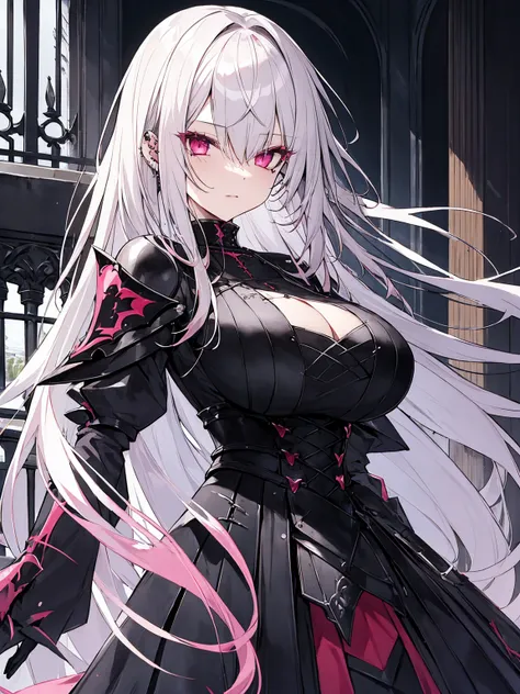 vampire、The most beautiful gothic warrior princess、Gray Hair、Pink Eyes、Detailed black combat armor、Tattoos and Piercings, Huge、The wind-blown balcony of Devil&#39;s Castle、Under the full moon、high quality、High resolution