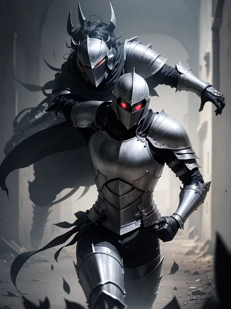 A knight in full black and silver armour, running from a devil 