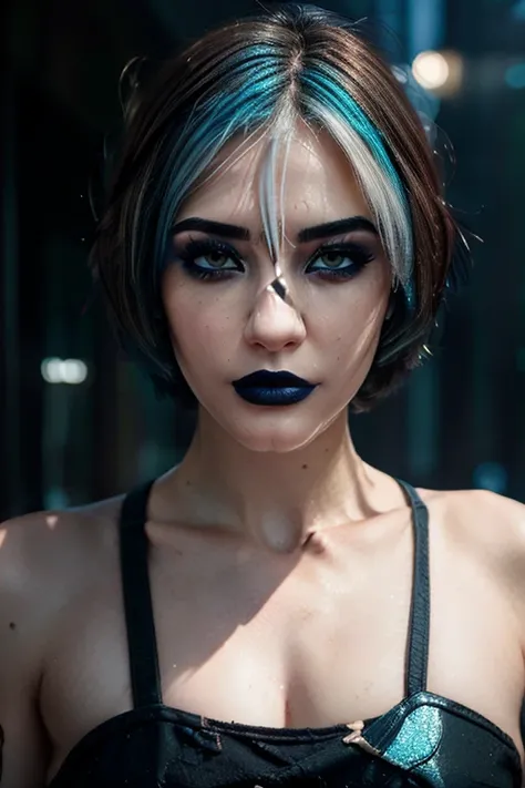 Beautiful girl, half-body portrait, Bright blue messy short hair, black eyeshadows, (street style wear:1.2), (urban backdrop:1.2), dark make-up, Digital art, trending on artstationh, Highly detailed, finedetail, Intricate,  beautiful detailed glow, Detaile...