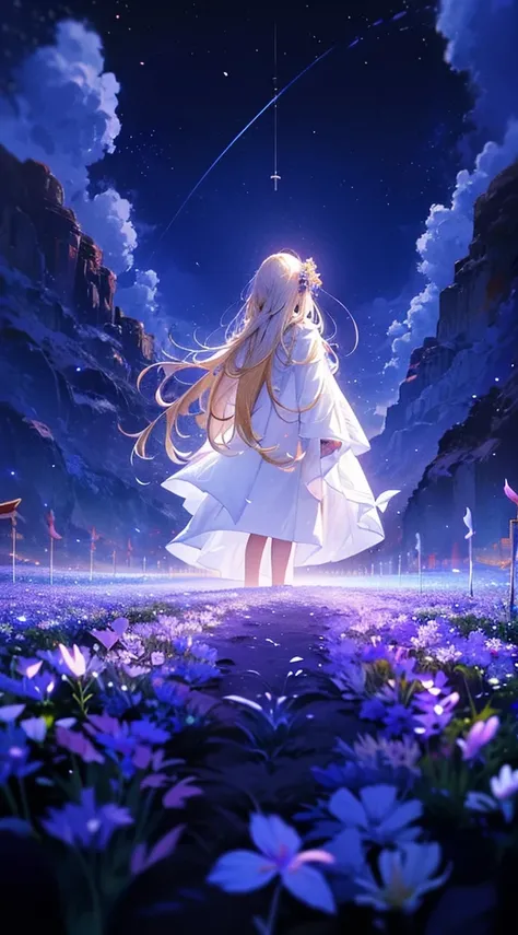 １people々々々々々々々々々,Blonde long-haired woman，White long coat， Dress Silhouette， Rear View，Space Sky, Countless crosses stand in the flower field，Colorful flowers，Fluttering petals，Countless crosses lined up，