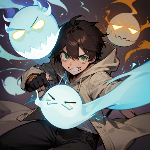 There are four ghosts in the background,( Surprised ghost, Scared ghost,Happy ghost,Angry Ghost),Green Eyes,Grin,Blue flame in right hand,(Brown fingerless gloves,Oversized white hoodie,black khaki pants)