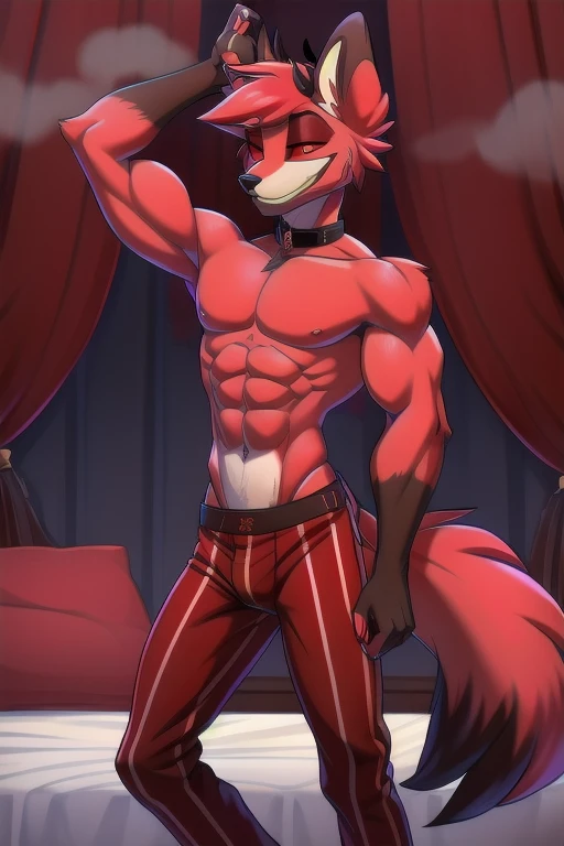 masterpiece, soft shading, Ideal Anatomy, Ideal lighting, perfect focus, bright, One, 1 boy, fluffy, fluffy кот, Anthropomorphic, male, Red Fur, red skin, black eyes, , ,  scales in tone, very big,Dominant, ,Flirts, ,,,,Red eyes, Soft fur, Detailed body, ....