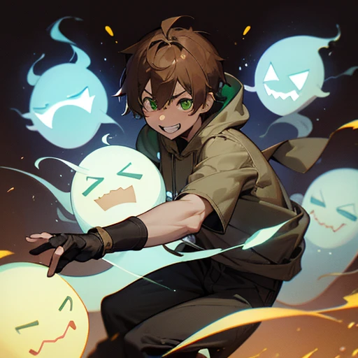 There are four ghosts in the background,( Surprised ghost, Scary ghost,Happy Ghost,Angry Ghost),Green Eyes,Grin,Blue flame in right hand,(Brown fingerless gloves,Oversized white hoodie,black khaki pants)