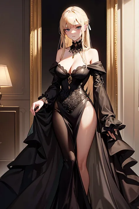 A young slender beautiful blonde aristocrat girl in an expensive luxurious mourning black closed dress stands in a luxurious living room and looks at the camera with a sad expression on her face, high resolution, masterpiece