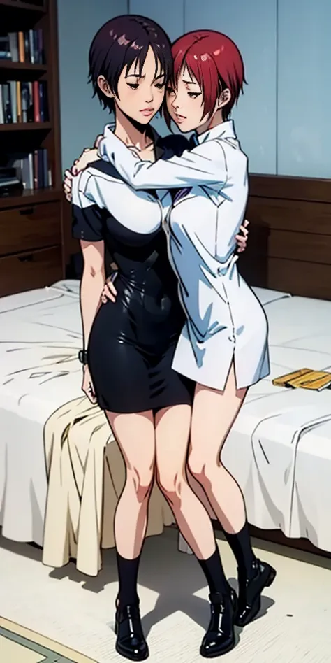 Full body Rei Kishimoto from "Gantz" sleeping on bed, hugging her female twin sister