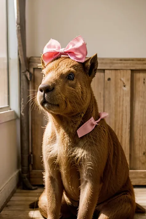 Capybara sitting with pink bow on her head