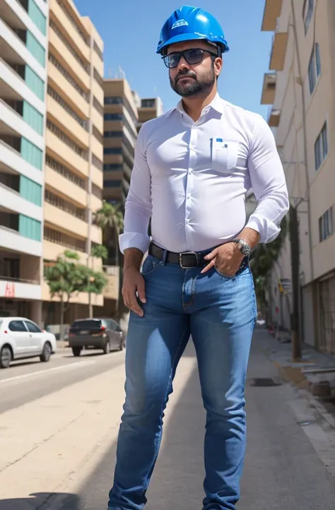 Homem barbudo gordo e sexy de 50 anos,cheio de suor,corpo todo,barriga grande, barba branca, fios brancos,((Wearing a white shirt and blue jeans engineer helmet)),rosto atordoado,Abra as pernas,in the background a building under construction and machines f...