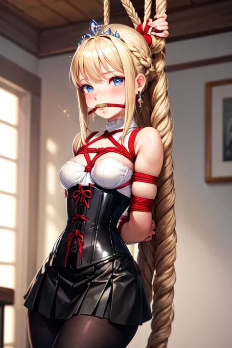 Shiny blond hair, very long hair, sophisticated haircut, ((((hair fully braided)))), ((small twisted braids)), thin and oval face, submissive, (((gagged))), ((((black tight corset)))), ((((tight skirt)))), cute and blushing 18 years old anime girl, look aw...