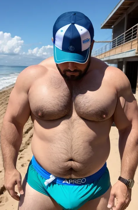 He is running on the beach, plump, chubby, extremely thick thighs, large belly, wearing only green swim trunks. He doesnt wear a shirt.muito barbudo. 56 anos.apana 1 umbigo. Barriga detalhada. Segurando vara de pesca. Ele veste colete de pescador. wearing ...