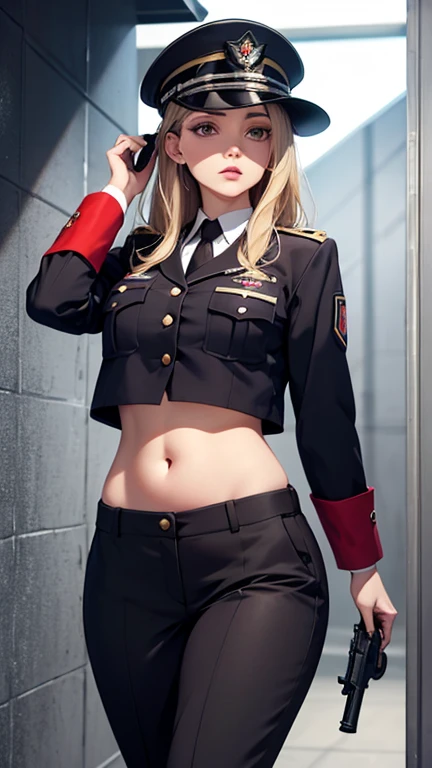 Woman in prison, crop top warden uniform, open navel, open belly, low rise, 35 year old, military helmet, walking around the prison , holding a gun