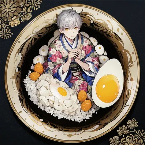 (masterpiece, highest quality, highest quality, official art, beautifully、aesthetic:1.2),
one boy, kimono, alone, gray hair, foo...